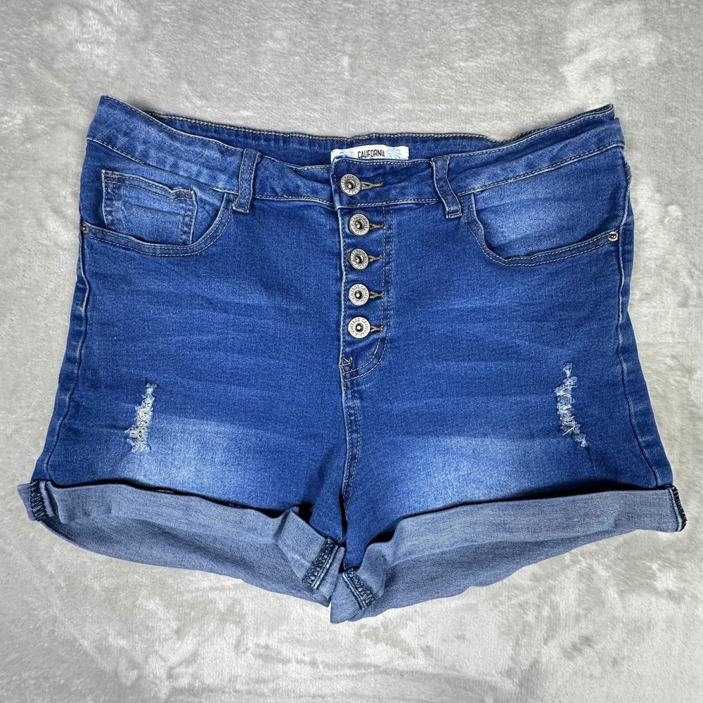 California Vintage Womens Blue Distressed Denim Shorts High Rise Button Fly Sz11